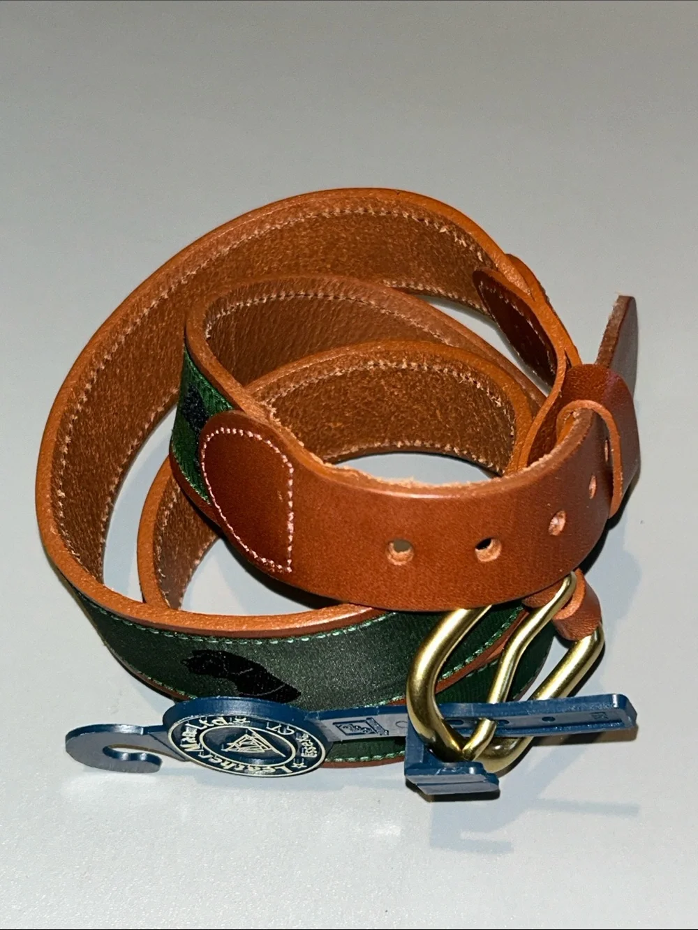 Leather Man Exxex CT Hunting dog Brown and Green Canvas Belt Sz 36